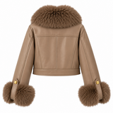 Luxe taupe leatherlook jas met taupe bontkraag_