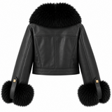 Luxe zwarte leatherlook jas met zwarte bontkraag_
