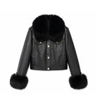 Luxe zwarte leatherlook jas met zwarte bontkraag_