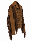 Luxe camel suède jas met franjes en studs_
