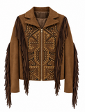 Luxe camel suède jas met franjes en studs_