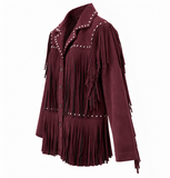 Bordeaux suède jas met franjes en studs_