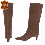 Kaki leren hoge laarzen met elegante hak-Dafina_