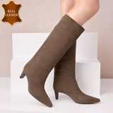 Kaki leren hoge laarzen met elegante hak-Dafina_