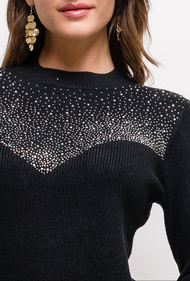 Trendy zwarte trui met strass.One size