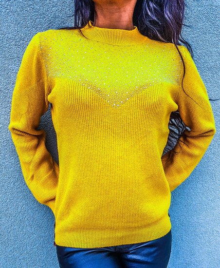 overal bonen Perforatie Trendy mosterd gele trui met strass.One size - Sibelle Fashion