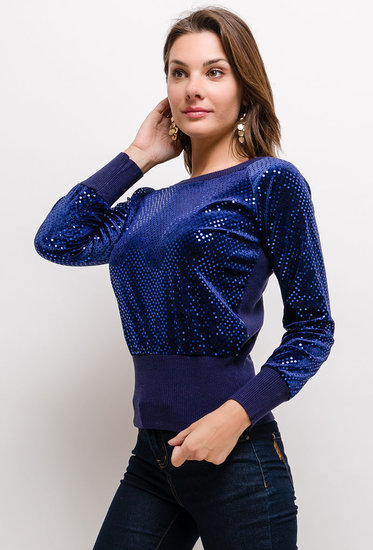 Trendy blauwe trui met pailletten.