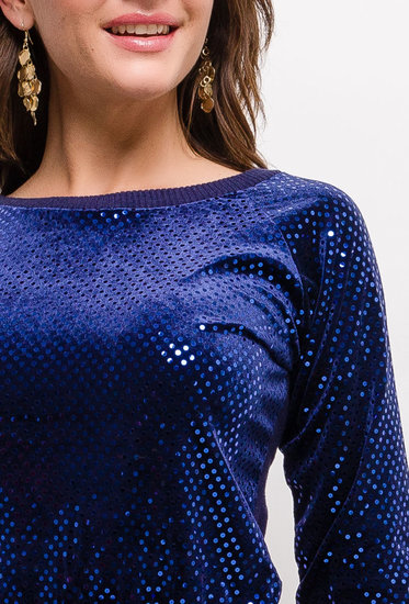 Trendy blauwe trui met pailletten.