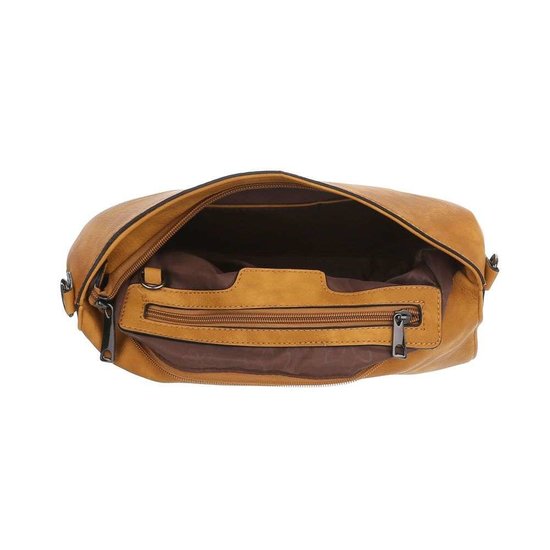 Trendy taupe rechthoekige schoudertas.