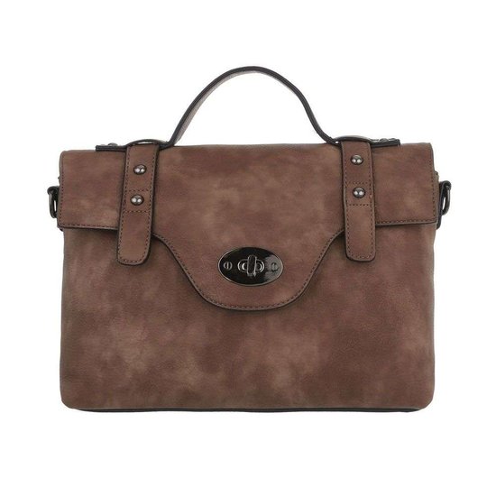 Trendy taupe rechthoekige schoudertas.