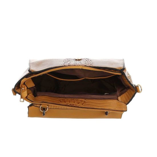 Classy taupe schoudertas met designer embleem Model 1.