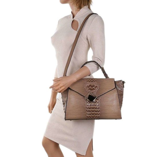Classy taupe schoudertas met designer embleem Model 1.