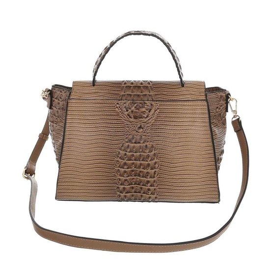 Classy taupe schoudertas met designer embleem Model 1.