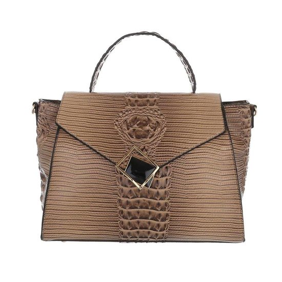 Classy taupe schoudertas met designer embleem Model 1.