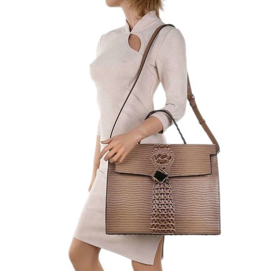 Classy taupe schoudertas met designer embleem Model 2.