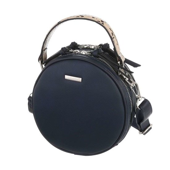 Trendy blauwe ronde schoudertas.