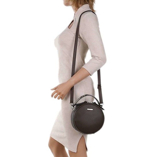 Trendy taupe ronde schoudertas.