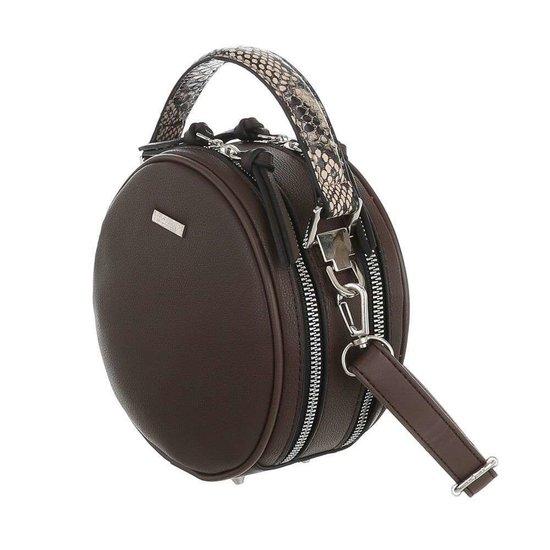 Trendy taupe ronde schoudertas.