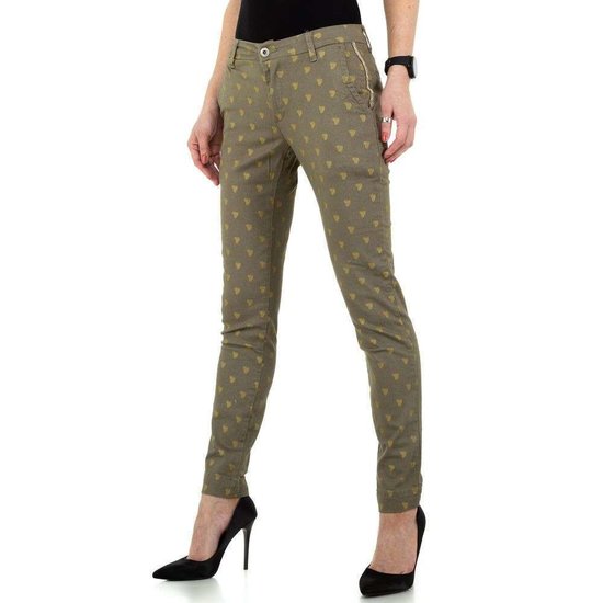 Trendy kaki chino  broek met dots.