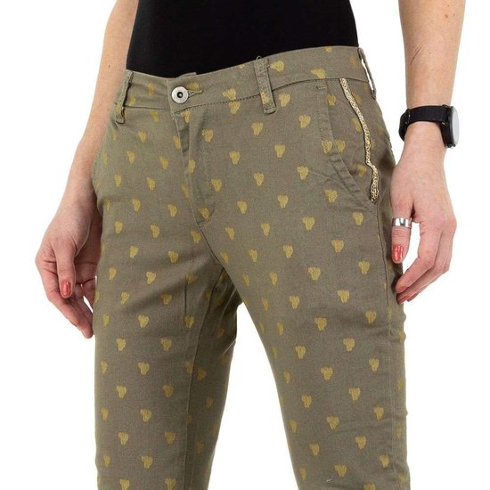 Trendy kaki chino  broek met dots.