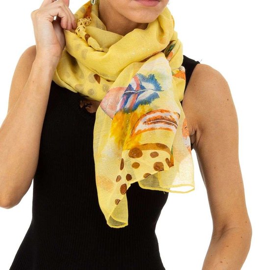 Lichte gele mix sjaal met pluimdecoratie.SOLD OUT