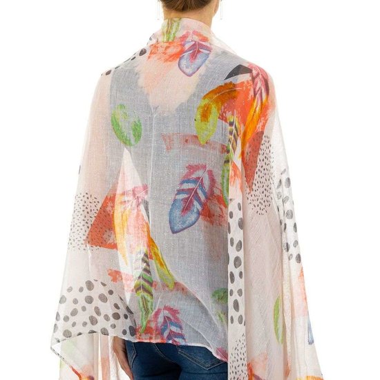 Lichte rose mix sjaal met pluimdecoratie.
