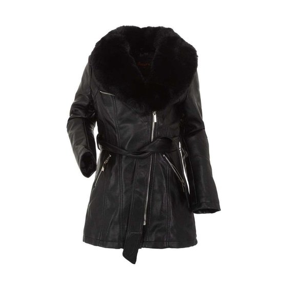 Zwarte leatherlook jas voor meisjes met zwarte pels.