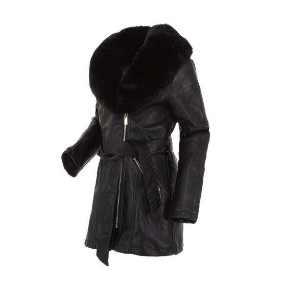 Zwarte leatherlook jas voor meisjes met zwarte pels.