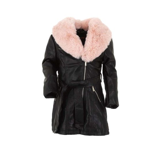 Zwarte leatherlook jas voor meisjes met roze pels.