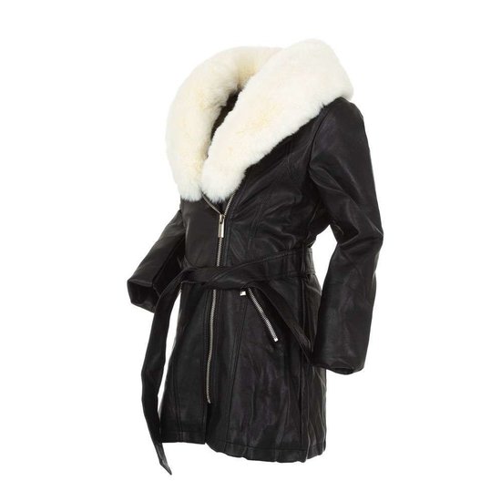Zwarte leatherlook jas voor meisjes met witte pels.