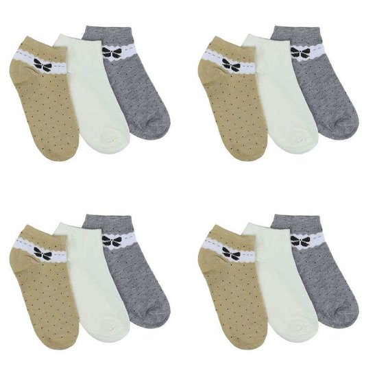 Assortiment van 12 paar dames sokken met strik grijs/wit/olive.37-41