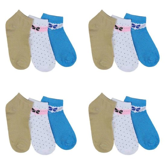 Assortiment van 12 paar dames sokken met strik blauw/wit/olive.37-41