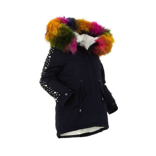 Donkerblauwe meisjes winterjas met parelversiering.