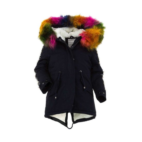 Donkerblauwe meisjes winterjas met parelversiering.