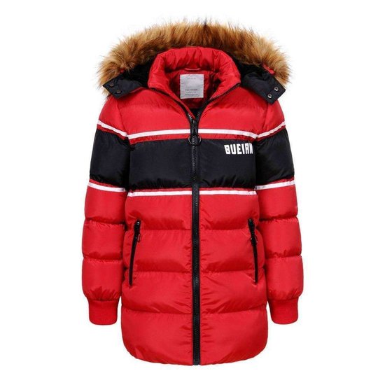 Trendy rode two-tone jongens winterjas.