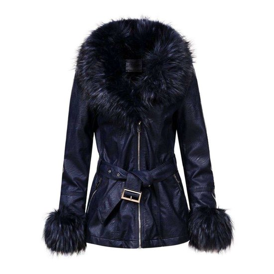 Stylishe donker blauwe winterjas in leather look.