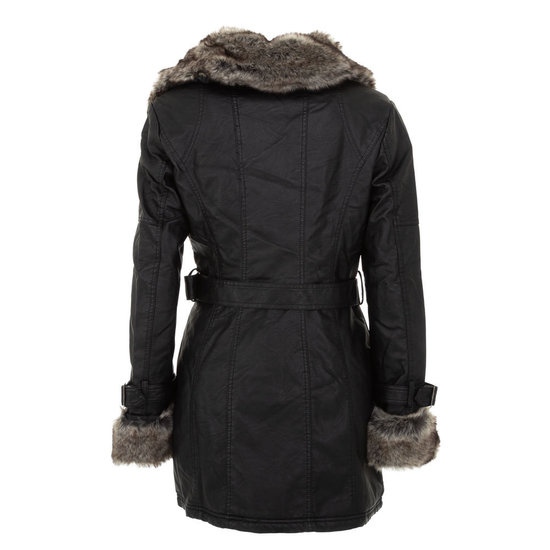 Classy zwarte leatherlook winterjas met grijze pelsen kraag.