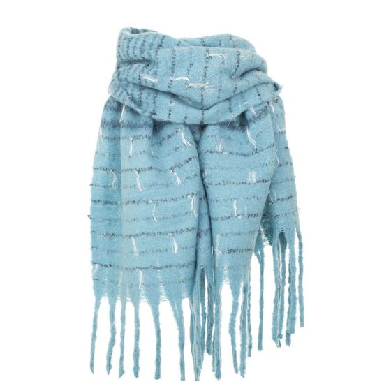 Blauwe xxl sjaal met franjes.