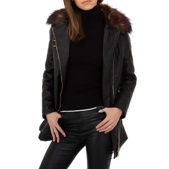 Zwarte biker leatherlook midi jas .