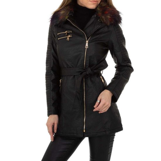Zwarte biker leatherlook midi jas .