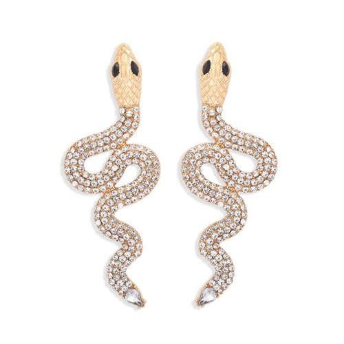 Gouden oorbellen in slangvorm met witte strass.