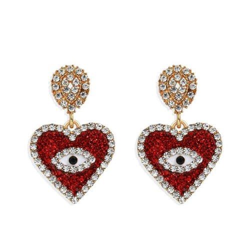 Rode oorbellen in hartvorm met oog en strass.
