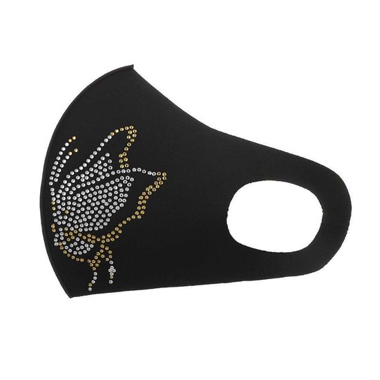 Zwart fashion mondmasker met vlinder deco.