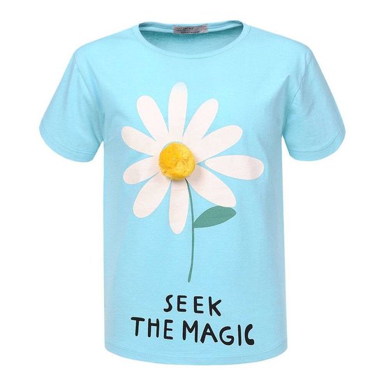 Blauwe meisjes T-shirt met margariet bloem.