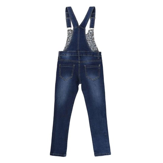 Meisjes jeans salopet met zijdelingse leopard streep.
