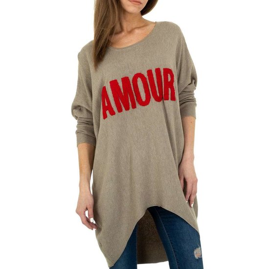 Trendy taupe long pullover met opschrift.