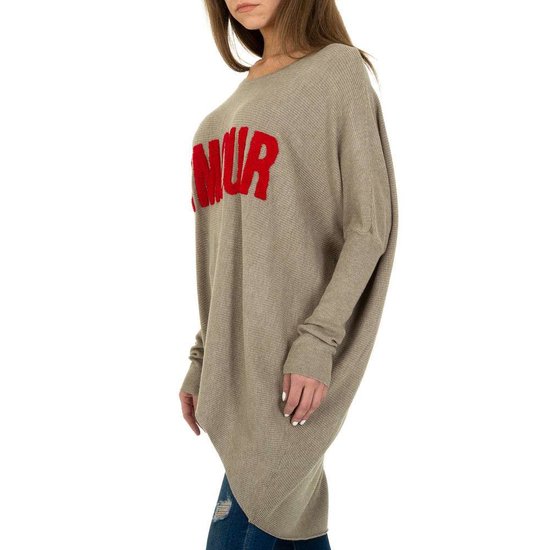 Trendy taupe long pullover met opschrift.