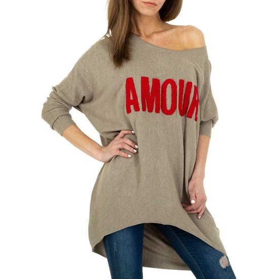 Trendy taupe long pullover met opschrift.