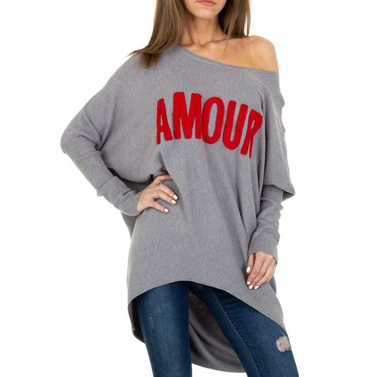 Trendy grijze long pullover met opschrift.