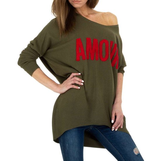 Trendy groene long pullover met opschrift.